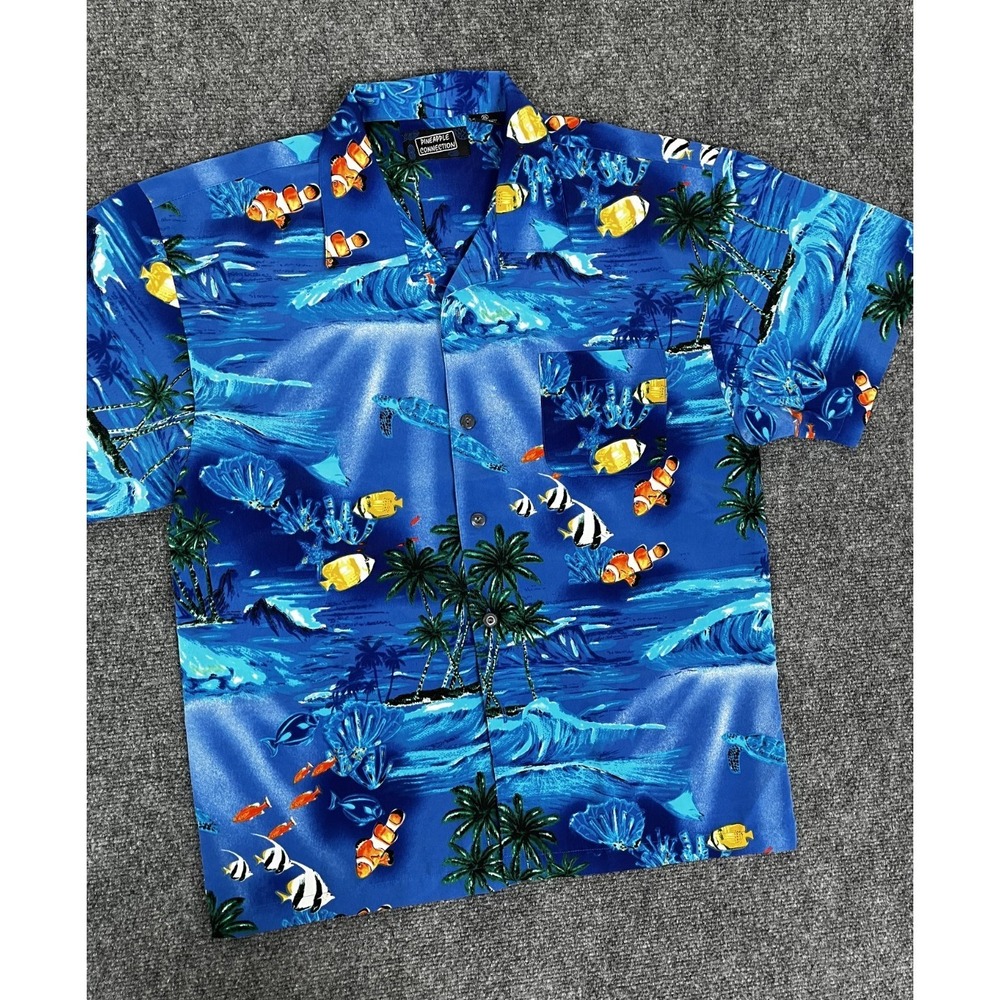 Pineapple Connection Mens Button Up Shirt Blue Short Sleeve Blue Ocean‎ Size XL